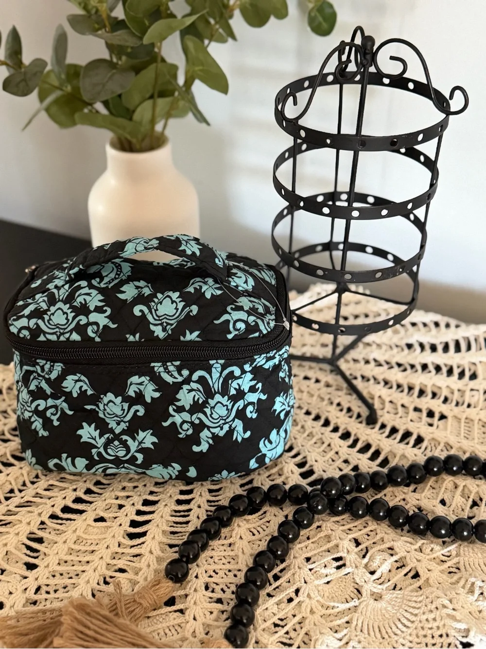 Black & Aqua Floral Quilted Cosmetic Case and Earring Holder